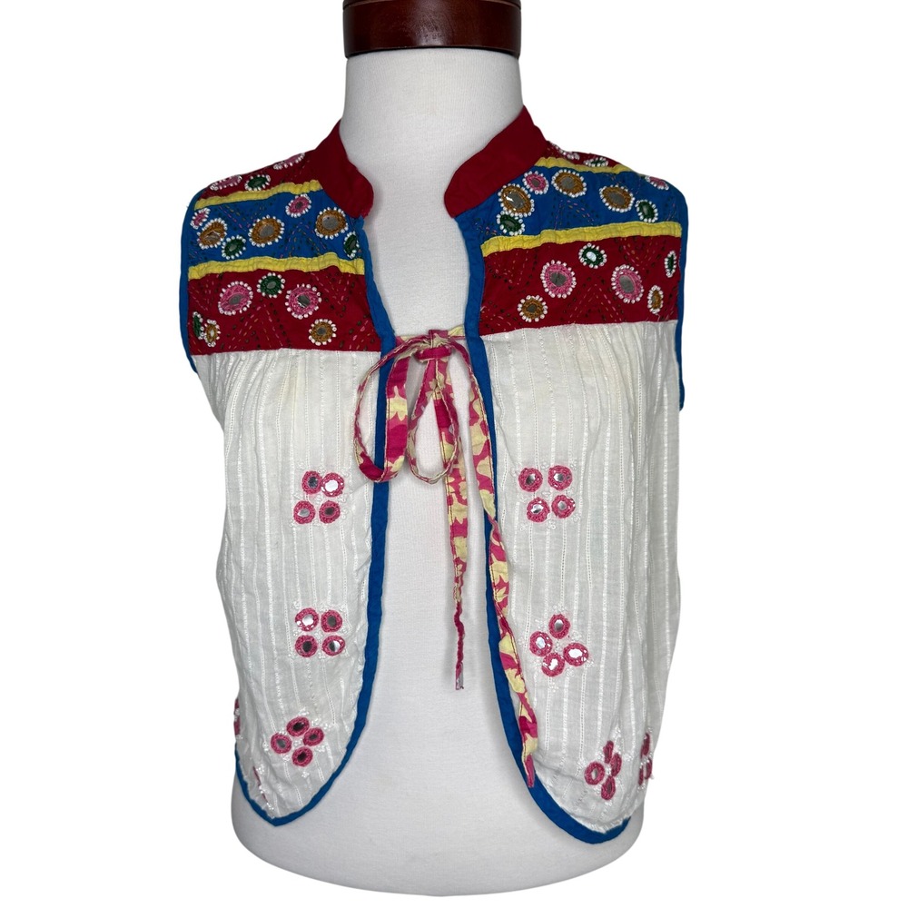 RAGA Embroidered Boho Vest Small Mirror Work Indie Festival Tie Front‎ Hippie